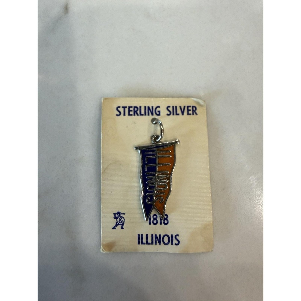 Vintage Illinois Sterling Silver Enamel State Charm Original Card 1818, Souvenir